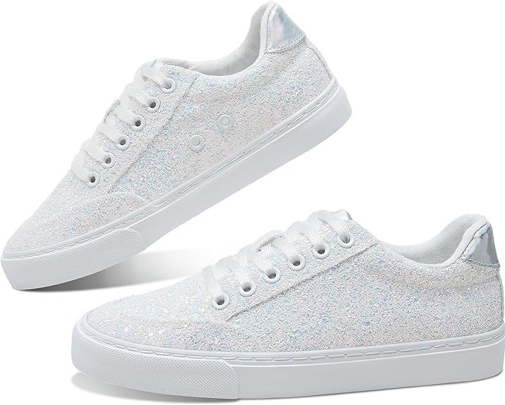 Glitter Sparkly Fashion Sneakers Shoes Shiny Casual Shoes Bling Sequin Concert Low Cut Lace up Sh... | Amazon (US)