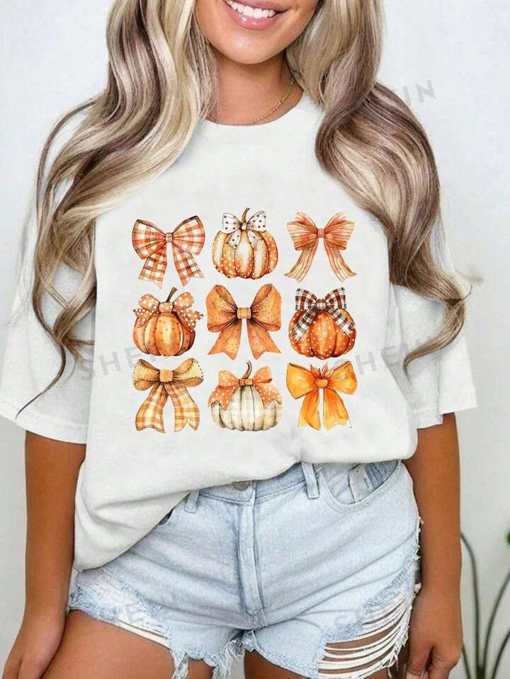 SHEIN EZwear Women's Casual Vintage Pumpkin Bow Crew Neck Short Sleeve T-Shirt, Halloween Outfit,... | SHEIN