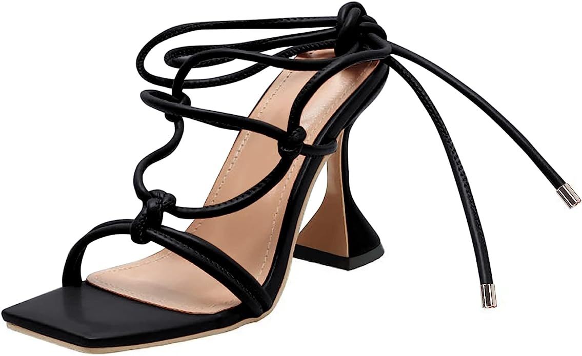 Amazon.com | Women's Lace Up Heeled Sandals Square Open Toe Pumps Strappy Stiletto Heel Dress Par... | Amazon (US)