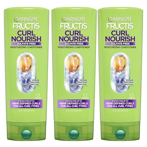 Garnier Fructis Curl Nourish Moisturizing Conditioner for Curly Hair, Plant Protein and Coconut Oil Formula, Up to 48HR of Curl Definition, Sulfate Free & Vegan, 12 Fl Oz, 3 Count (Packaging May Vary) | Amazon (US)