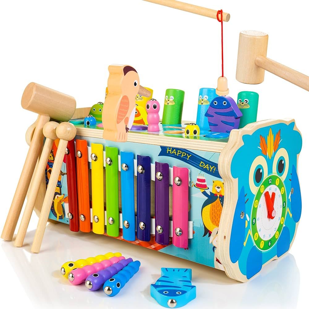 WOODMAM Montessori Toys for 1 Year Old, 7-in-1 Wooden Hammering Pounding Toy with Xylophone and M... | Amazon (US)