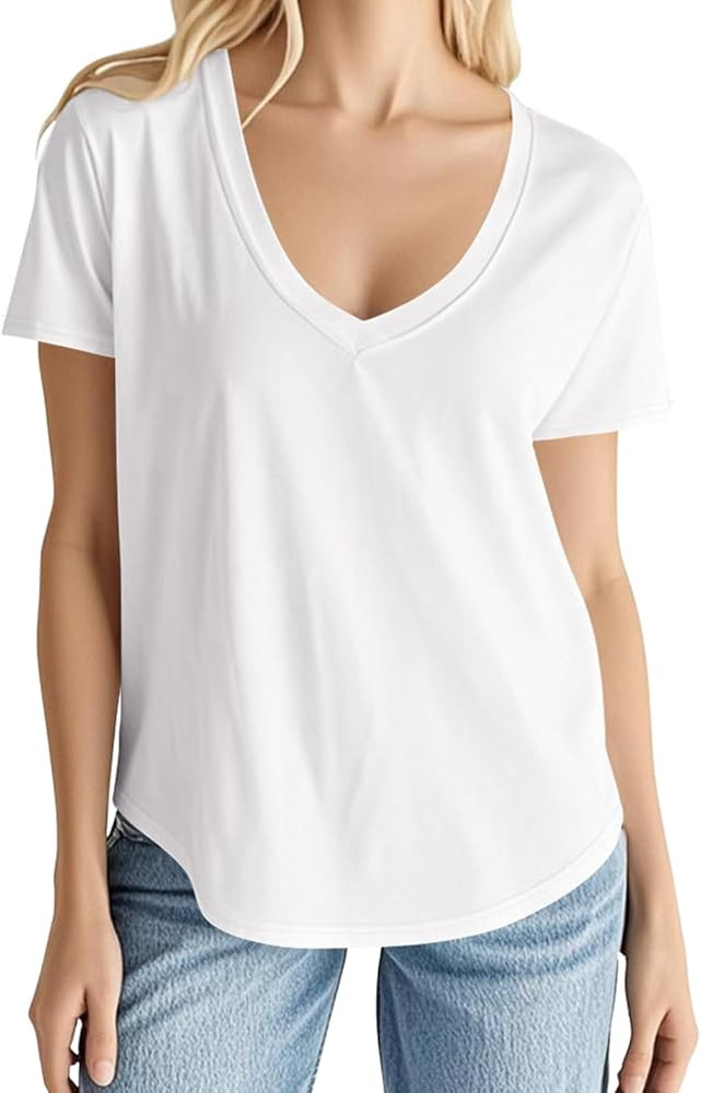 Smile Fish Women Short Sleeve V Neck T-Shirts Loose Fit Tops Summer Casual Top Tees | Amazon (US)