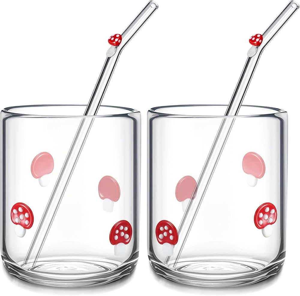 Skylety 2 Set Mushroom Icon Juice Glass Cups - Icon Glass Cup with 2 Straw 14 oz Double Old Fashi... | Amazon (US)
