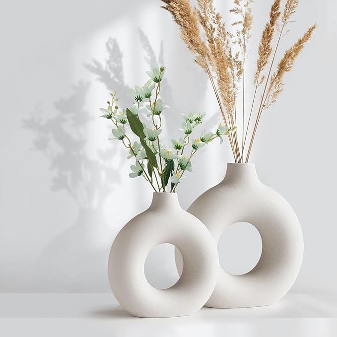 White Ceramic Vase Set 2 for Home Decor, Hollow Round Matte Donut Vase for Pampas Grass, Boho Nor... | Amazon (US)