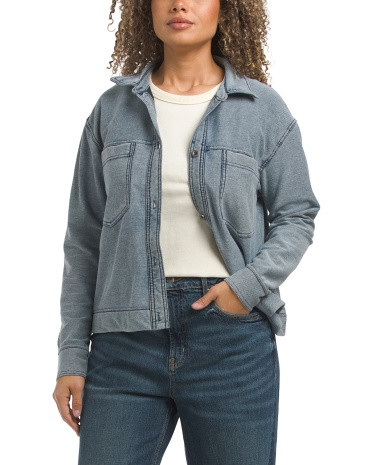 Brushed Denim Twill Bleach Snow Wash Long Sleeve Knit Jacket | TJ Maxx