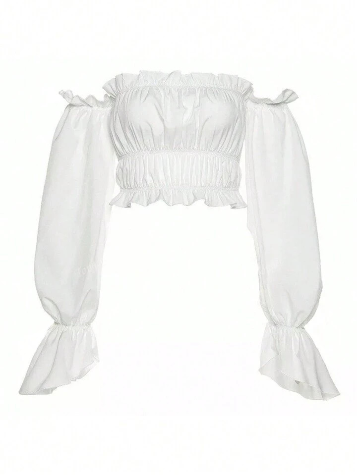 Plus Size Summer Vacation Solid Color Off-Shoulder Ruffle Blouse | SHEIN