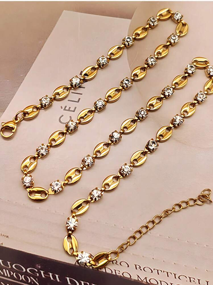 One Stainless Steel Coffee Bean & Cubic Zirconia Inlaid Necklace, Personalized Gorgeous Lady Clavicle Chain | SHEIN