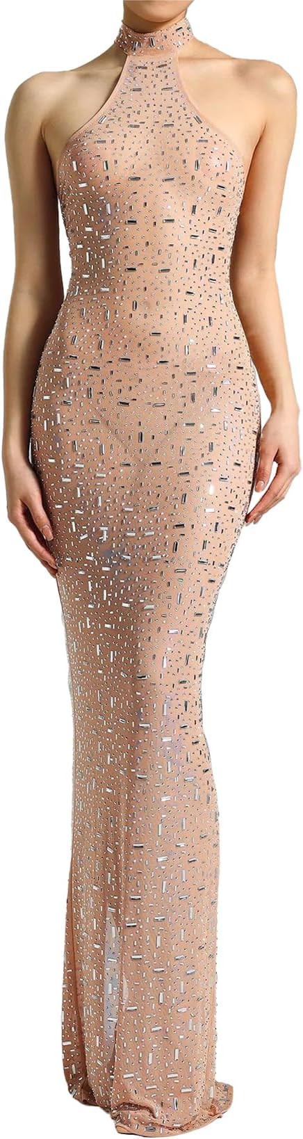 BELLA BARNETT Beige Mesh Dress Halter Rhinestone Dress Sleeveless Sheer Dress | Amazon (US)