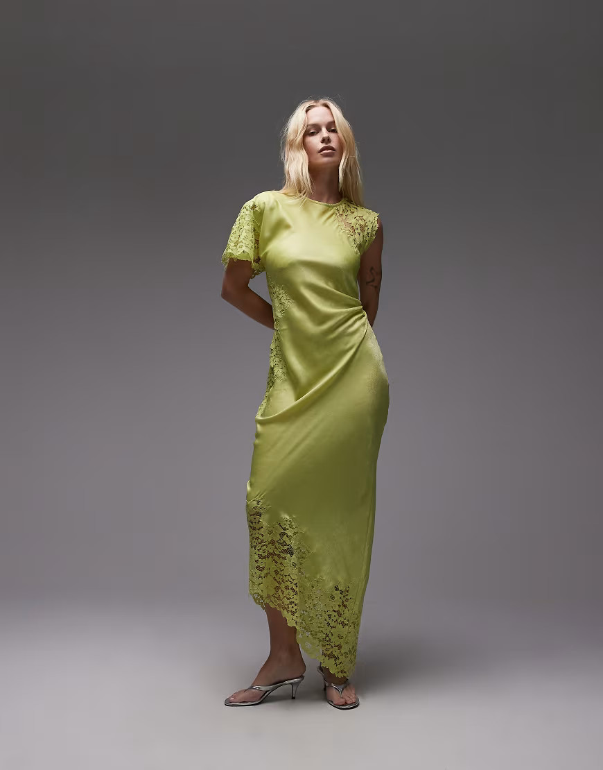 Topshop lace insert grown on shoulder midi dress in lime-Green | ASOS (Global)