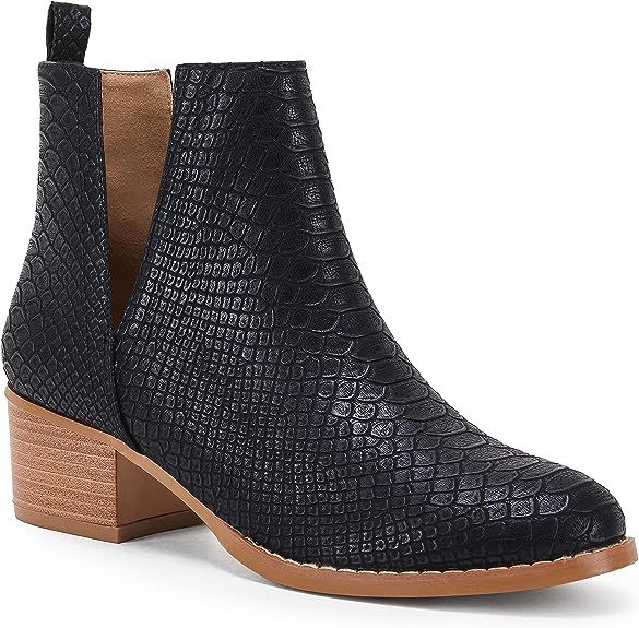 Women’s V Cut Ankle Booties Low Stacked Heel Closed Toe Perforated Slip-on Faux Leather Western... | Amazon (US)