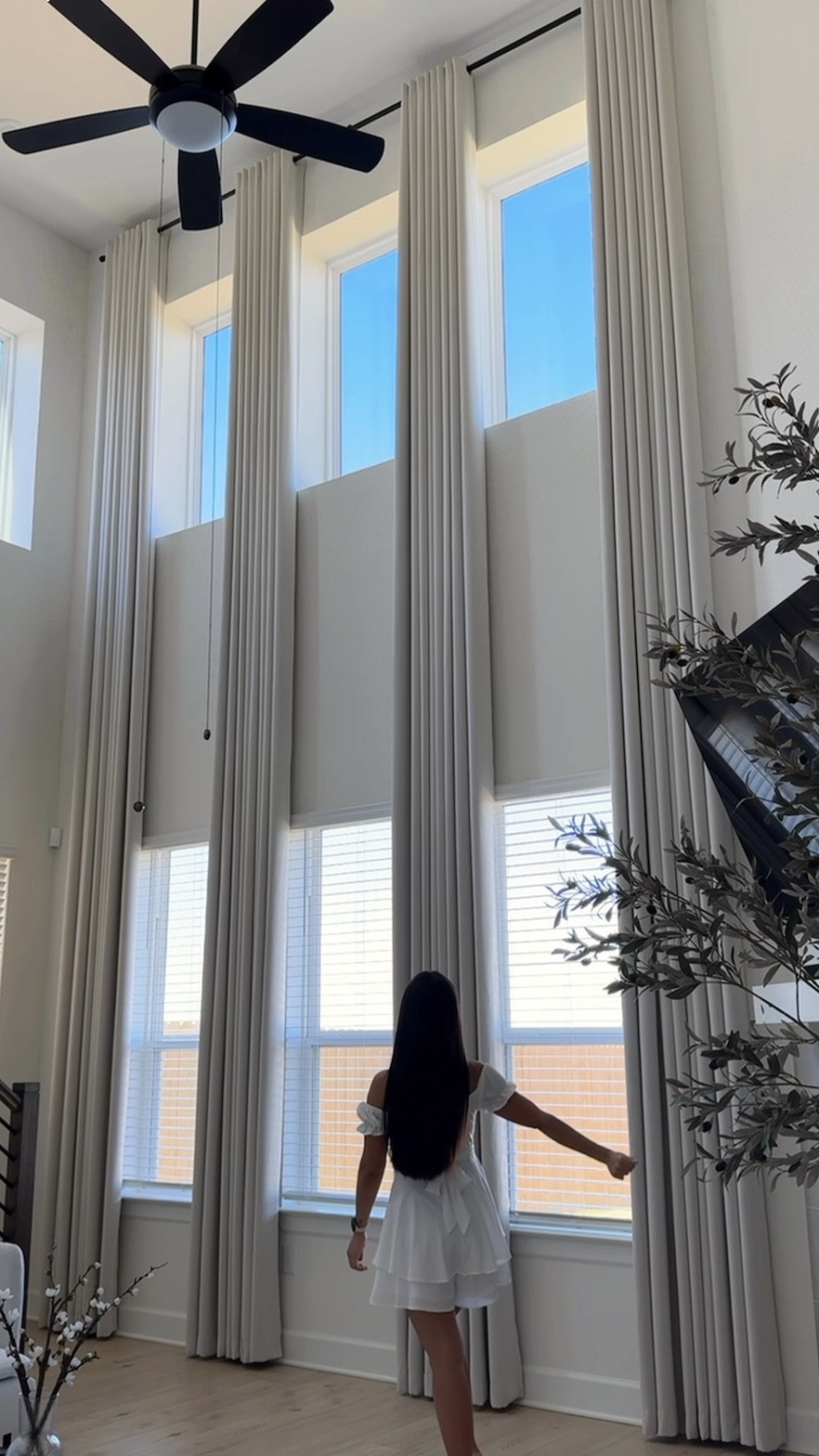 Blackout Extra Long Darkening Custom Made Drape (Mine is Cream, 100”Wx240”L) got 4 panels. My ceiling height is 20ft, wall width 165"

#LTKVideo #LTKHome