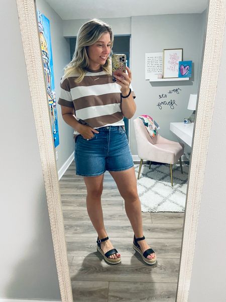 Sunday #ootd. 
Let’s Review: 
Shirt- I sized down one size for a more fitted look. I love the bigger stripes and the neutral colors. 
Shorts- These are stretchy, a little longer in length (praise be). The title says baggy but I’m not sure that’s true..at least not on me. ;) 
Sandals- I seriously can’t say enough good things about Soda sandals. I own this pair and a brown version and I love them. Comfortable, stylish, and the platform bottom gives this short girl some height. Size up 1/2 sz. 
•
•


#LTKstyletip #LTKfit #LTKshoecrush