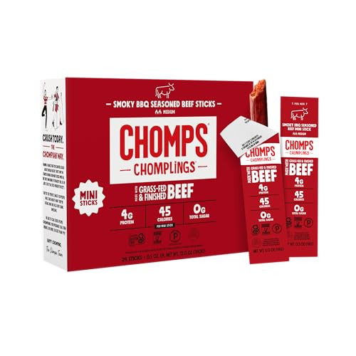 Chomps Snack Size Grass-Fed and Finished Smoky BBQ Beef Jerky Snack Sticks 0.5oz 24-Pack - Keto, Paleo, Whole30, 4g Lean Meat Protein, Gluten-Free, Zero Sugar Food, Non-GMO Chomplings | Amazon (US)
