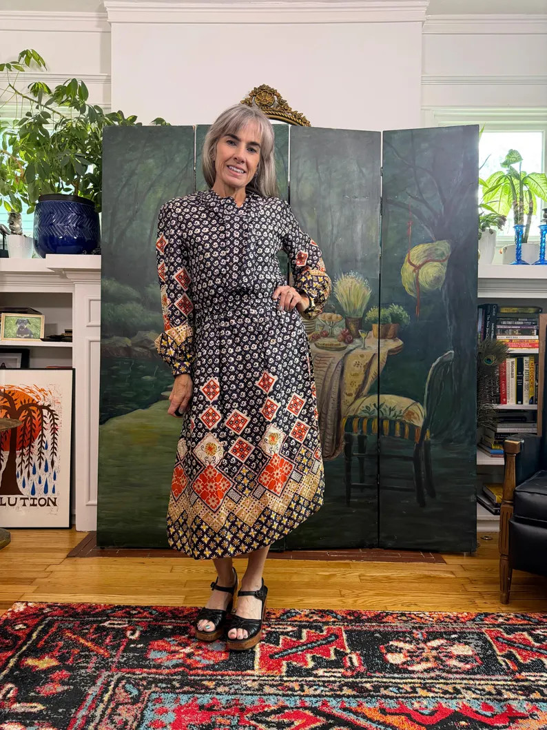 Vintage 1970s Oscar de La Renta Bohemian Patchwork Print Midi Dress - Medium Fit | Etsy (Global)