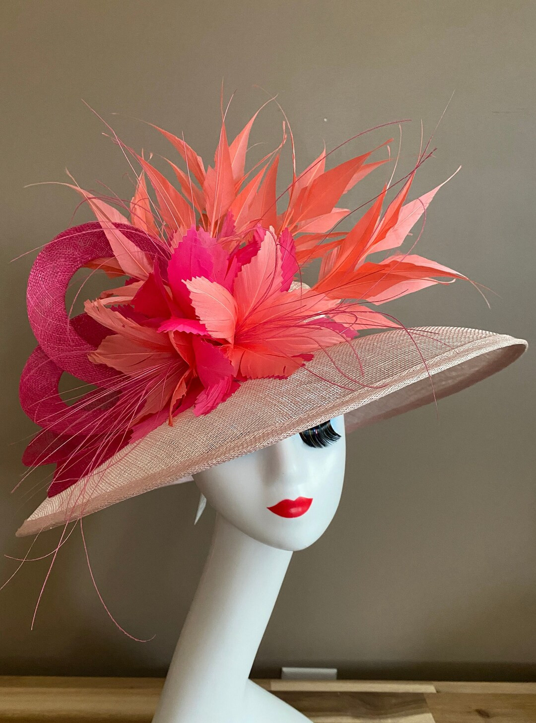 Light Pink Kentucky Derby Hat W Bow & Coral/hot Pink Feather Flower. Sinamay Cartwheel Vintage Ha... | Etsy (US)