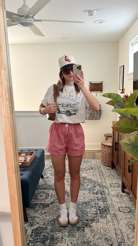 5/8/24 Boxer shorts outfit 🫶🏼 Graphic tee, bronco graphic tee, boxer shorts red boxer shorts, gingham boxer shorts, trucker hat outfit, Adidas sneakers, Adidas sambae sneakers, boxer shorts outfit, casual summer outfits, casual summer fashion, summer fashion trends, summer fashion 2024 