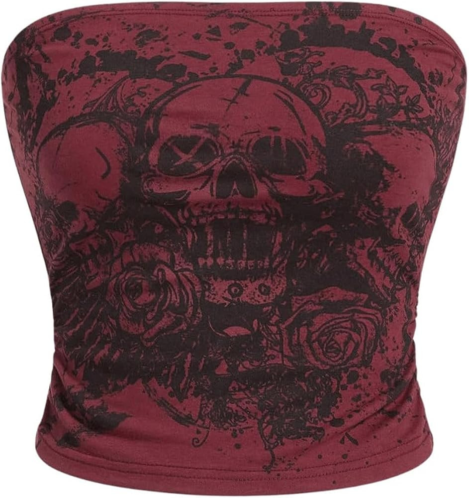 SOLY HUX Women's Y2k Goth Tube Crop Top Skull Print Strapless Sleeveless Bandeau Tops | Amazon (US)