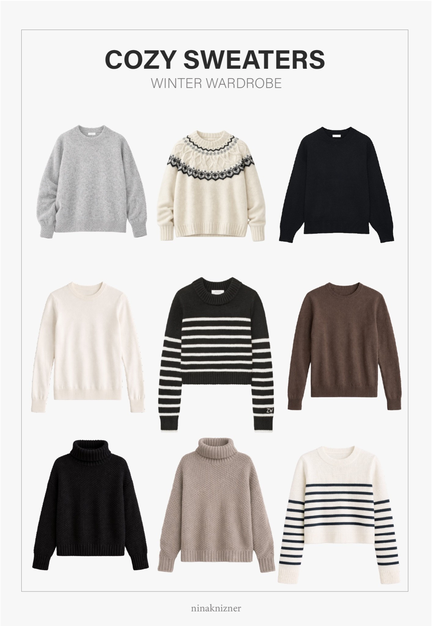 Neutral & timeless fall, winter and spring sweaters I collected over the years. Low, medium and luxe budget options below..

- Lilysilk Brushed Cashmere Pullover Sweater in light grey 
- Quince Mongolian Cashmere Crewneck Sweater in Ivory and in Brown
- Lilysilk Faire Isle Crewneck Sweater
- La Ligne Mini Marin Sweater in Cream/Navy and Black/Cream
- Amazon  Oversized Turtleneck Chunky Knit Sweater
- ARITZIA Isabelle Wool Cashmere Sweater in Black and also own it in Nomade Taupe

#fallsweater #wintersweater #springsweater #sweater  #woolsweater #brushed #cashmere #cashmeresweater #grey #ivory #camel #brown #black #winter #casual #cozy #knit
#alpine #fairisle #winter #capsule #wardrobe