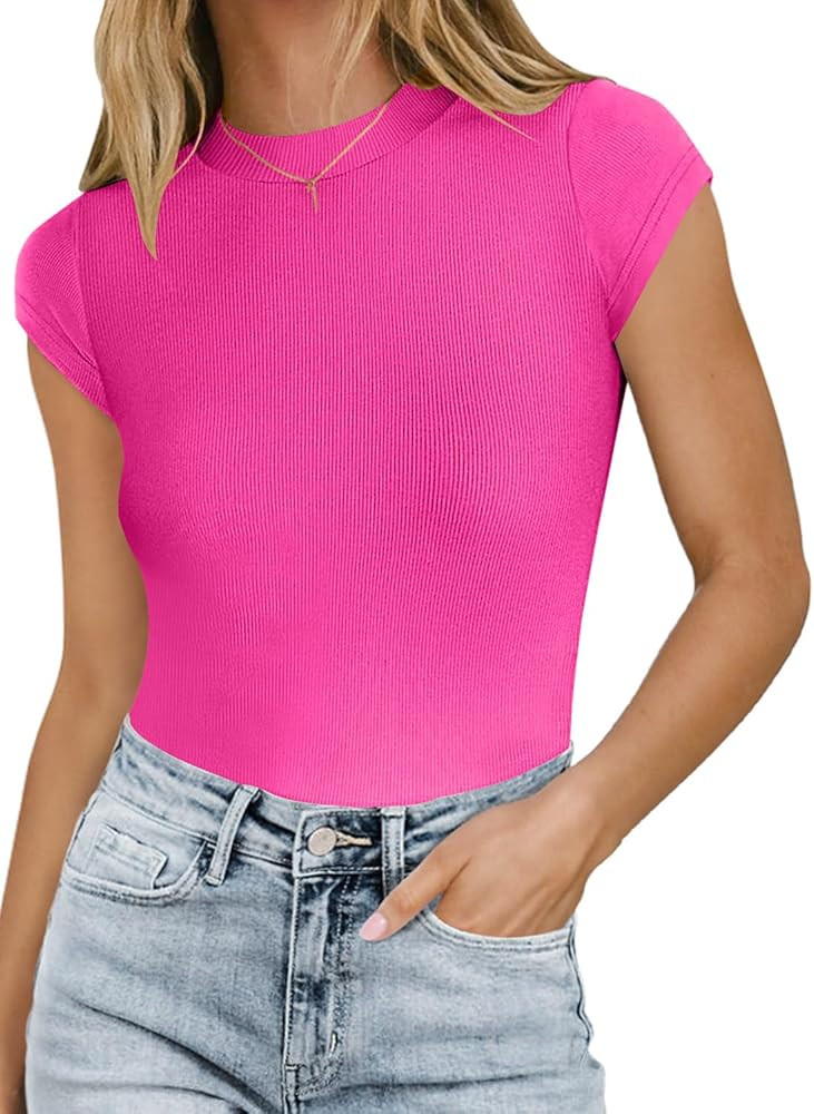 MISSJOY Women Crew Neck Short Sleeve Ribbed Stretchy Casual Slim Fit Bodysuit T Shirts Tops | Amazon (US)