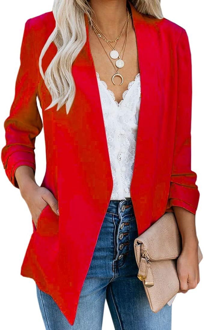 Ofenbuy Womens Casual Blazer Ruched 3/4 Sleeve Open Front Relax Fit Office Lightweight Cardigan J... | Amazon (US)