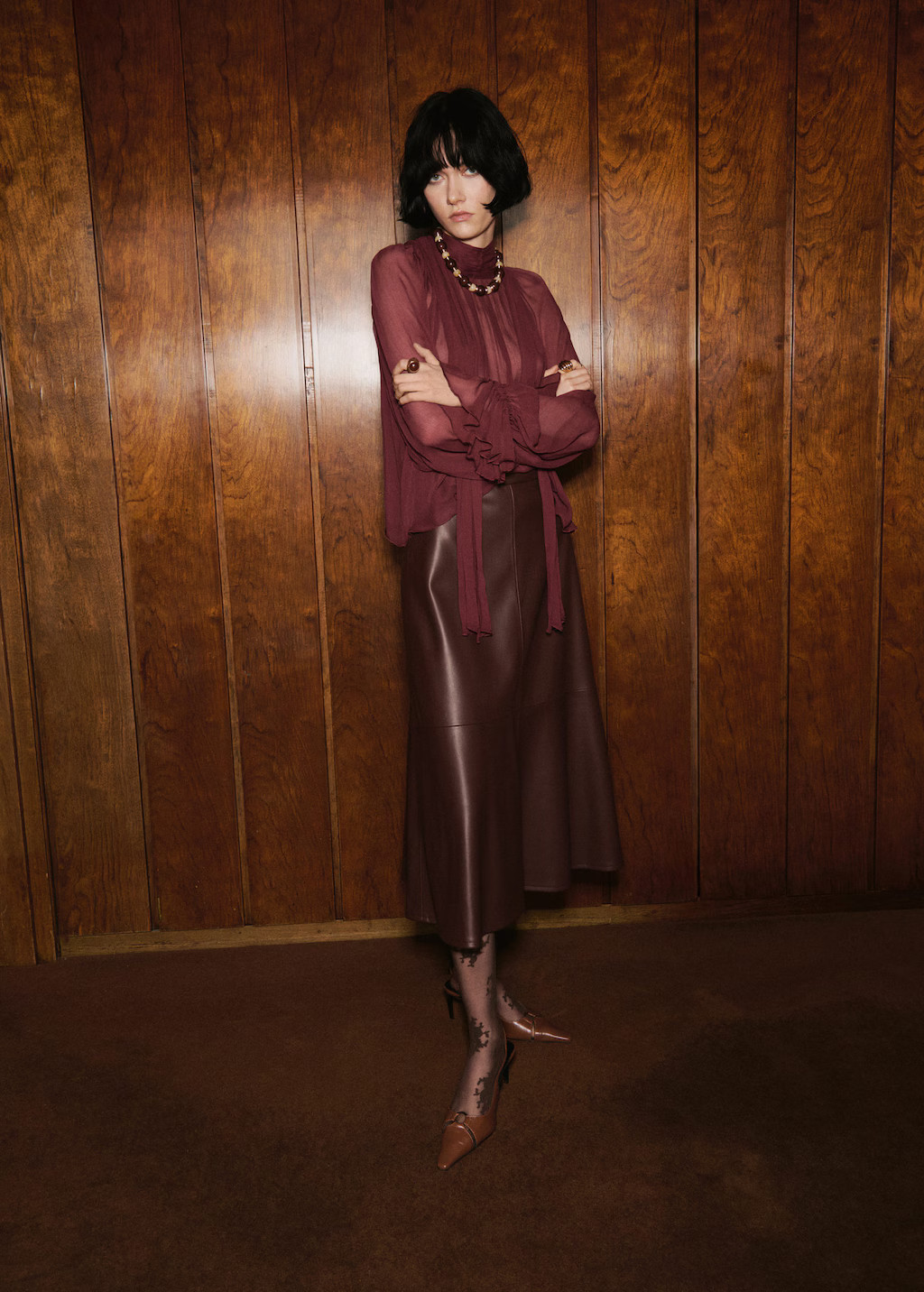 Semi-transparent blouse with foulard burgundy - Woman - 4 - MANGO | Mango (US/MX/AU)