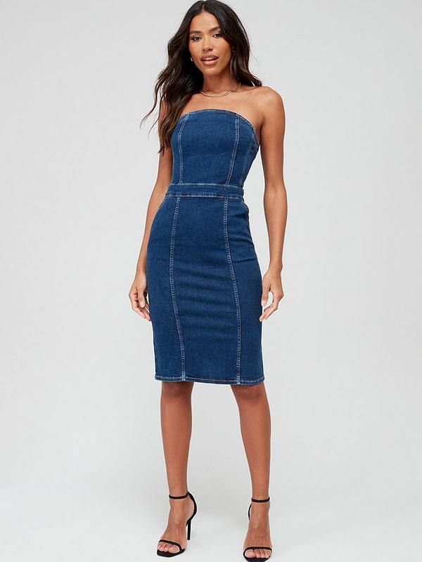 V by Very Bandeau Corset Denim Dress - Dark Wash | Very (UK)