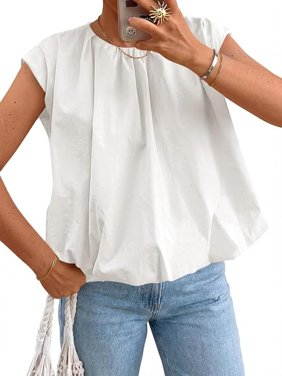 Cicy Bell Womens Summer Cap Sleeve Blouses Casual Pleated Open Back Crew Neck Bubble Tank Tops Bo... | Amazon (US)