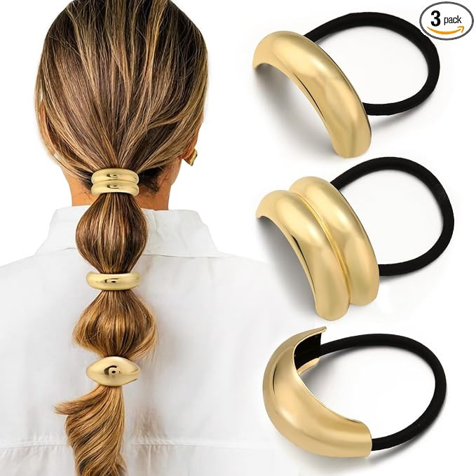 3PCS Gold Hair Ties, Metal Hair Ties for Thick Hair, Elegant Durable Geometric Design, Gold Hair ... | Amazon (US)