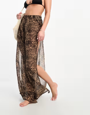 Miss Selfridge beach chiffon wide leg side split pants in leopard | ASOS (Global)
