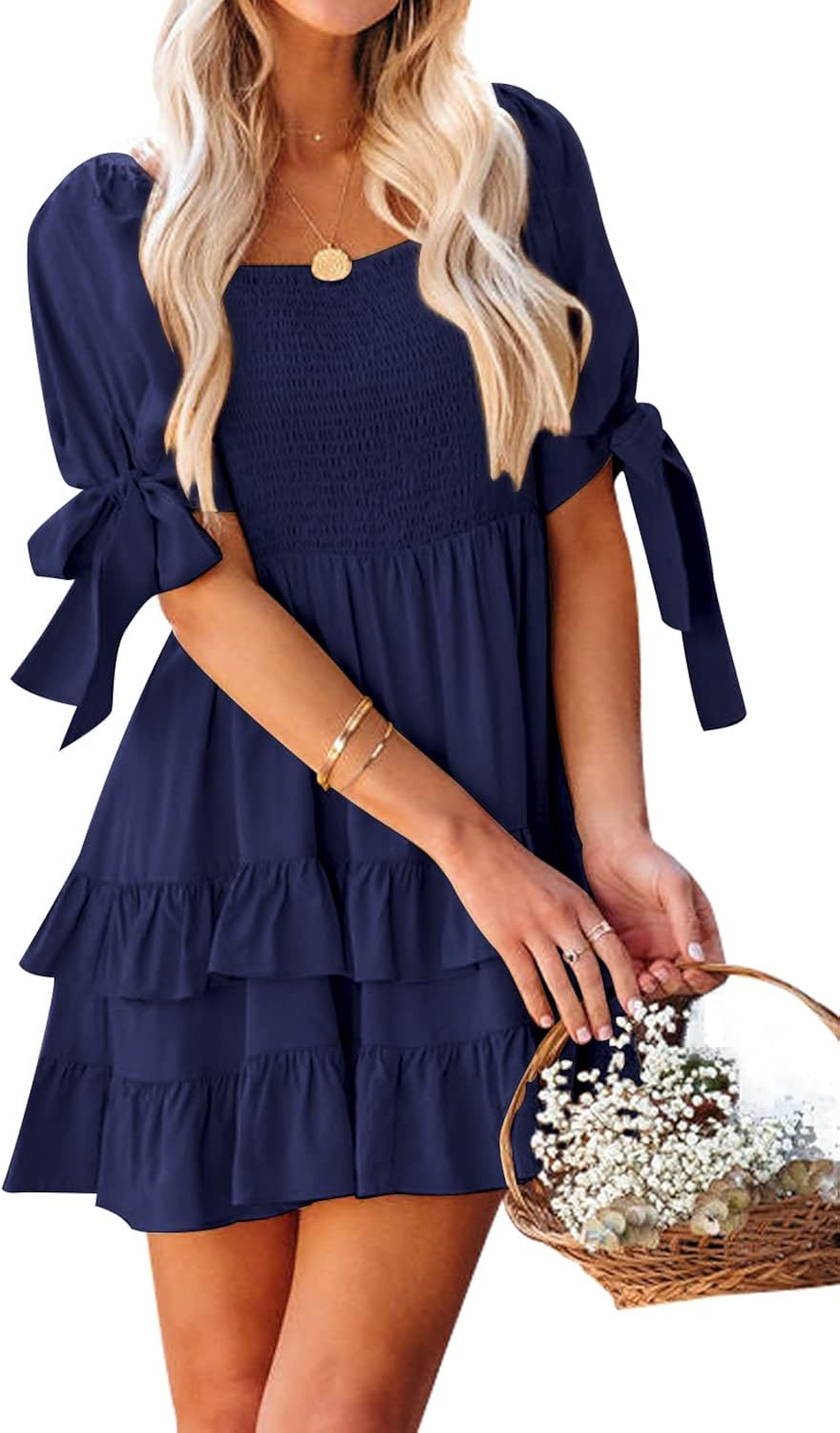 SENSERISE Womens Smocked Mini Dress Square Neck Puff Sleeve Bow Tie Babydoll Dress Layered Ruffle... | Amazon (US)