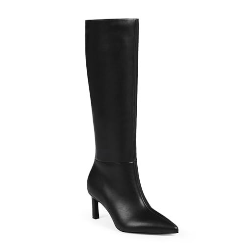 Easyfox Black Boots for Women Low Heel Leather Knee High Boots Kitten Heeled Tall Long Boot Pointed Toe Dress Slip On Calf High Boot 2025 Size 8 | Amazon (US)
