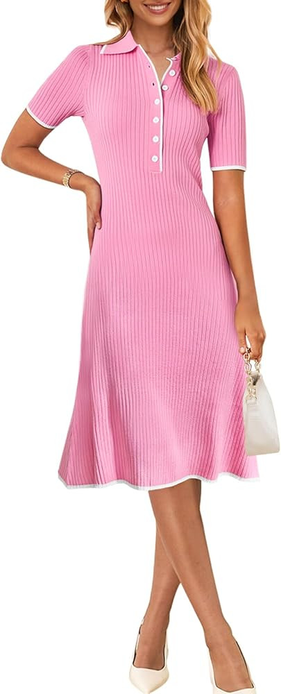 MEROKEETY Women's V Neck Ribbed Knit Midi Dress Short Sleeve Button Elegant Bodycon Sweater Dress... | Amazon (US)