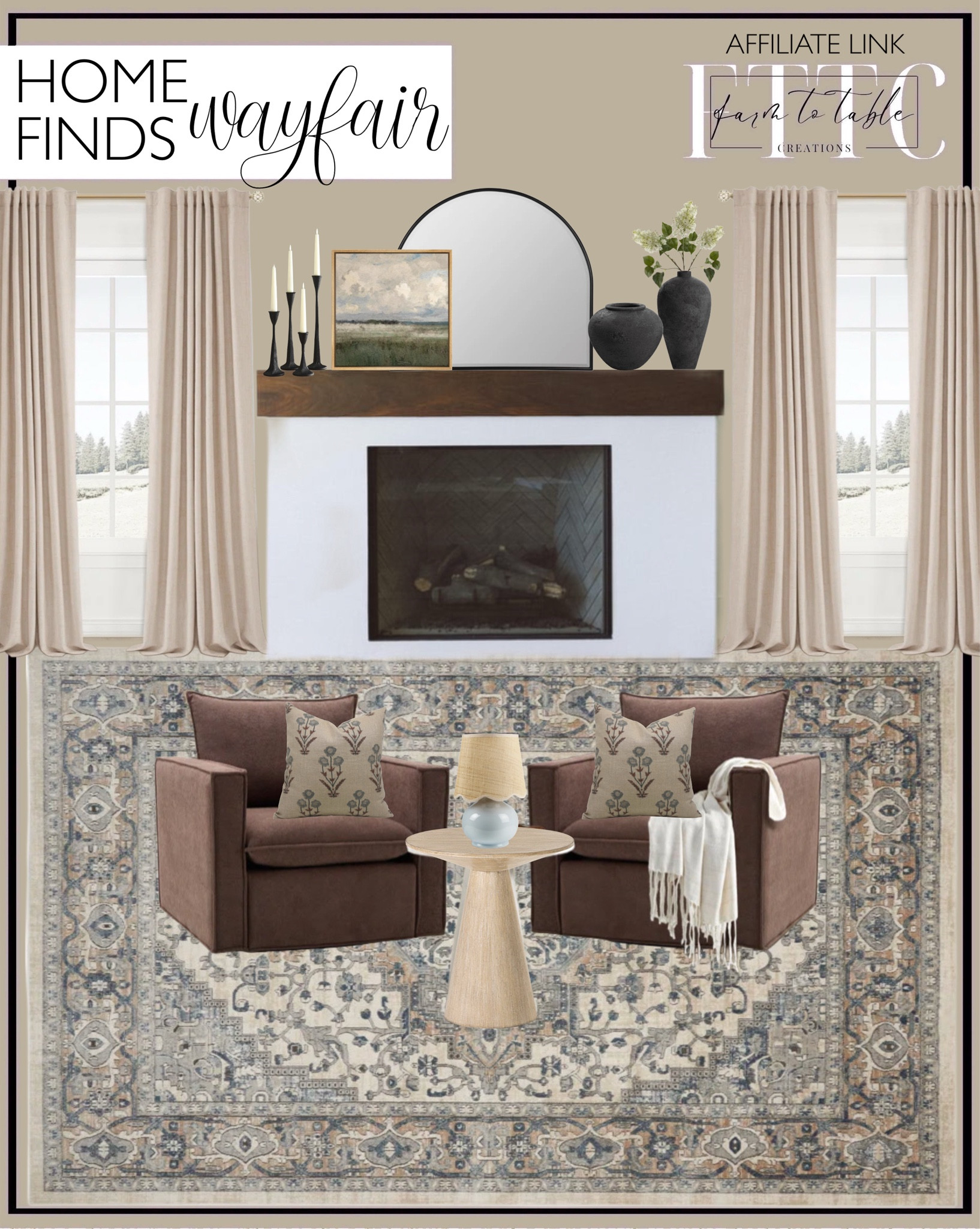 Wayfair Home Finds. Follow @farmtotablecreations on Instagram for more inspiration.

Black Out Curtains. Jurado Oriental Ivory/Gray/Beige Area Rug. Scallop Shade Lamp. Hendina Upholstered Swivel Armchair (Set of 2). Metal Arch Mirror. Clouds Over Green Fields Wall Art. Terracotta Jar Vase. Faux White Lilacs. Adalai Iron Tabletop Candlestick. Indoor Outdoor Pillow. Basketweave Fringe Throw Blanket. Bozovich Solid Wood End Table

Wayfair Living Room Sale | Fireplace Decor | Spring Refresh |  Bedroom Finds | Neutral Stems | Spring Stems | Bookshelf Decor | Bedroom Space | Cozy Corner | Bathroom | Curated Entryway | Spring  Decor | End of Year Clearance | Trending Decor | Viral Decor | Amazon Holiday | Bedroom corner | Coffee Table Decor | Neutral Decor | Fall Stem Sale | Target Finds | Skinny Bench | Bedroom | Living Room | Breakfast Nook | Amazon Home | Target Sale | Loloi Rugs | Magnolia Home | console table | console table styling | faux stems | entryway space | front porch decor | neutral decor | entryway decor | cozy home | affordable decor |  home decor | home inspiration | console styling | entryway rug | cozy moody home | moody home decor | neutral home | bathroom decor | living room | spring decor | Hearth & Hand | Studio McGee




#LTKSaleAlert #LTKHome #LTKFindsUnder50