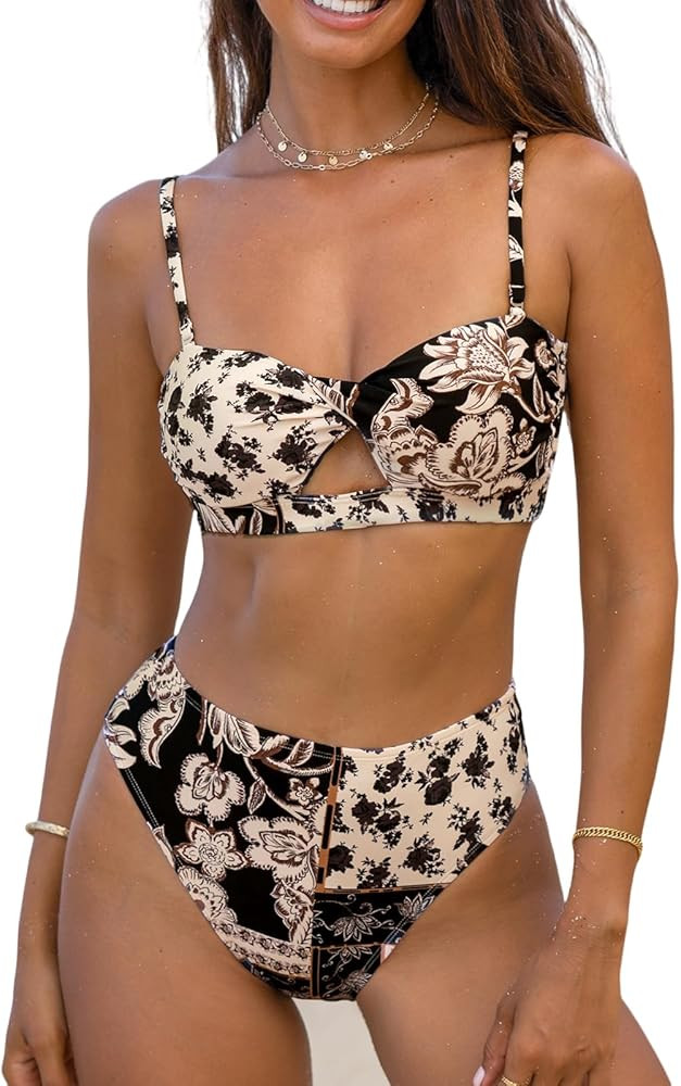 CUPSHE Women's Bikini Sets Two Piece Bathing Suit High Waisted Square Neck Cutout Adjustable Stra... | Amazon (US)