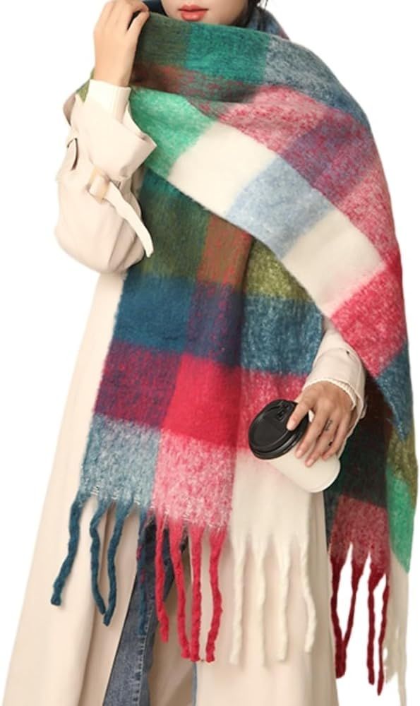 MININAI Chunky Winter Scarfs for Women Cold Weather Warm Knit Thick Plaid Scarf Long Large Oversized | Amazon (US)