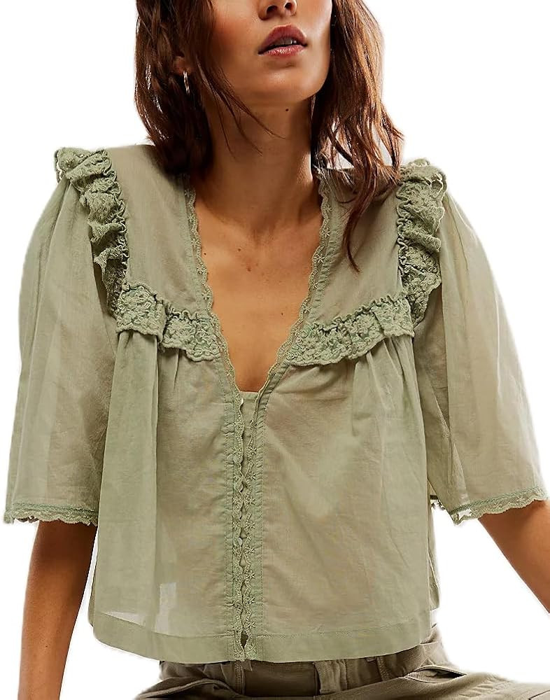 Womens Ruffle Trim Mesh Sheer Shirt Cute Summer Chiffon Lace V Neck Blouse Y2k Short Sleeve Butto... | Amazon (US)