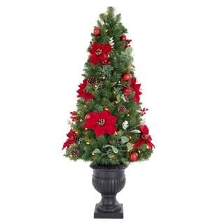 4.5 ft Berry Bliss Mixed Pine Potted Pre-Lit Artificial Christmas Tree with 70 Warm White Mini Li... | The Home Depot