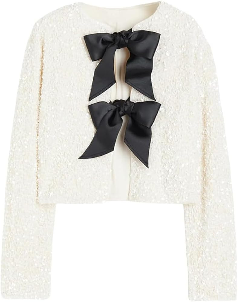 Women's Sequin Jacket Long Sleeve Tie Front Bow Glitter Cropped Tops | Amazon (US)