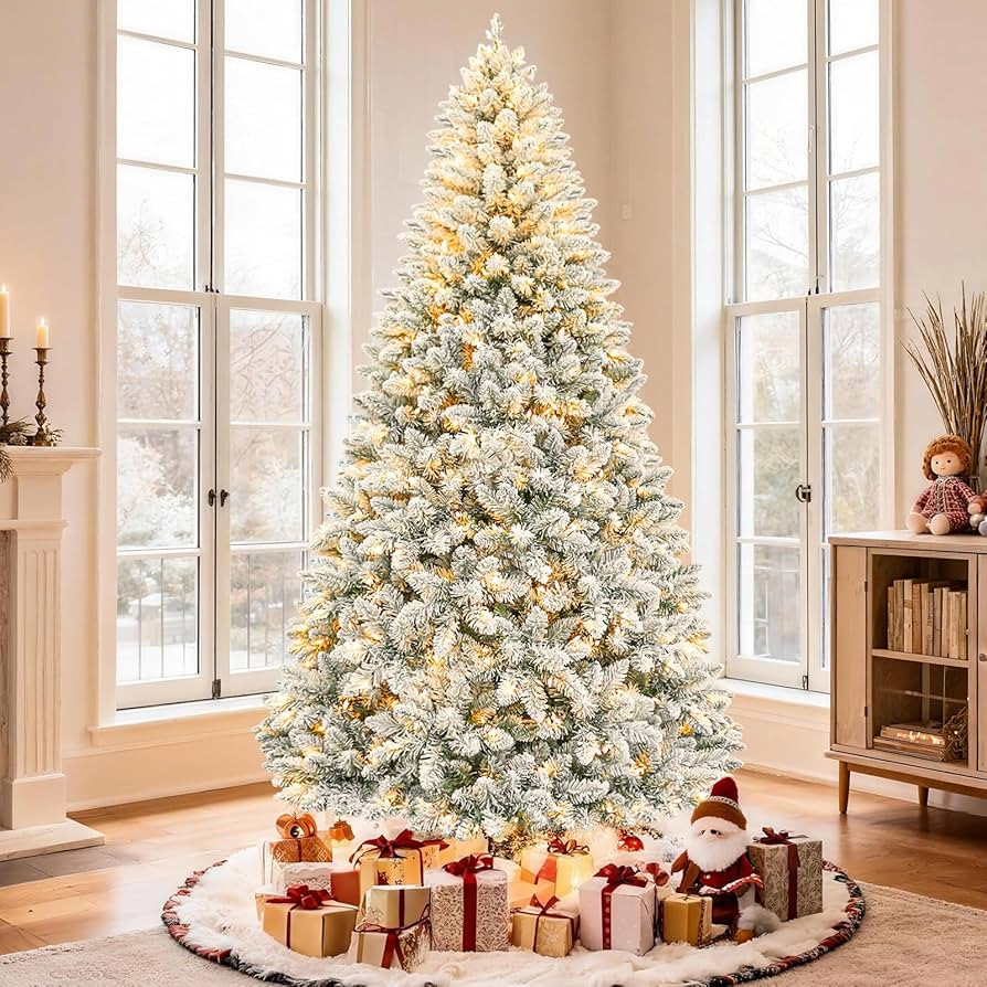 Hykolity 7.5 ft Snow Flocked Christmas Tree, Artificial Christmas Tree wih 450 Warm White Lights,... | Amazon (US)