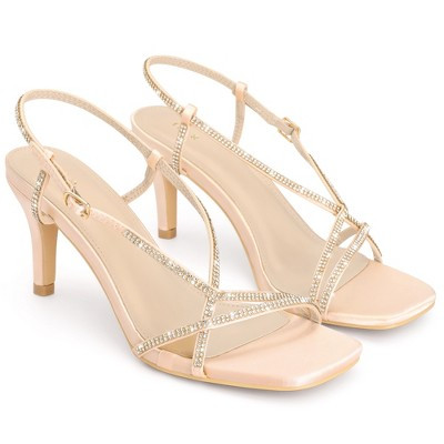 BLISSFUL STEP Satin Rhinestone Square Toe Slingback Heel Sandals for Women 6 Rose Gold | Target