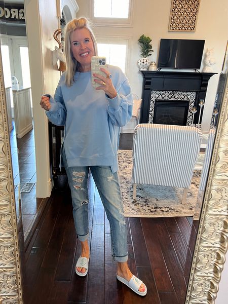 Casual outfit inspiration

Amazon free people dupe sweatshirt on sale $33
So good and oversized

Kut from the Kloth  Catherine boyfriend denim jeans distressed  & cuff fits true to size

Madiso Masion slide not linkable linking a 
Cushy Amazon find 

Julie Vos ring and stud earring



#LTKsalealert #LTKstyletip #LTKfindsunder50