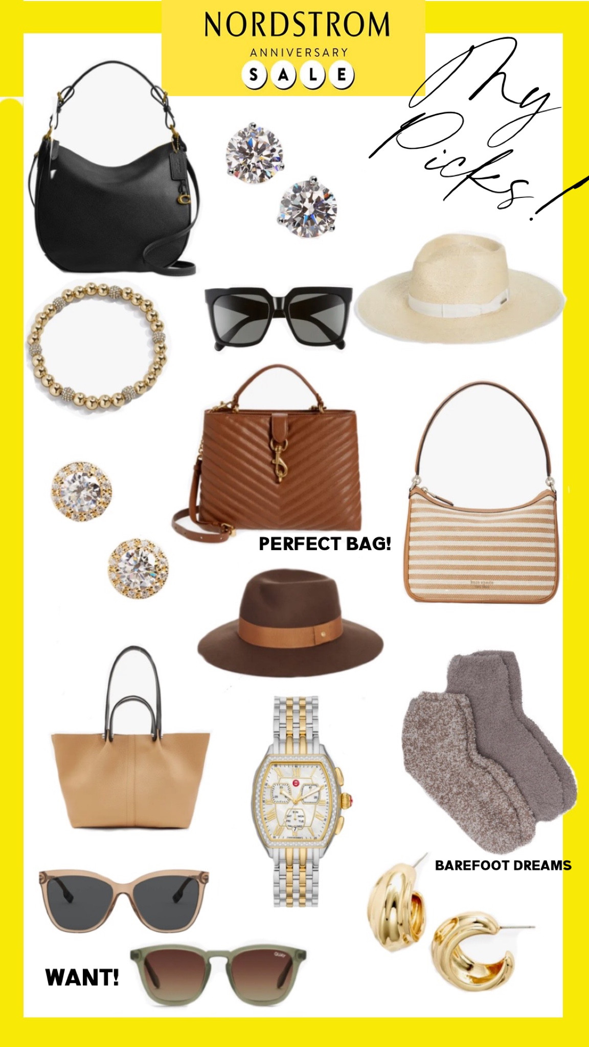 Nordstrom Anniversary sale accessories are always a favorite of mine for holiday gifting ideas! From Kendra Scott jewelry, Nordstrom brand amazing stud earrings that I wear daily, Kate spade handbags, Michelle watches, Quay sunglasses, Coach and All Saints handbags too. There’s so many great items this year in the sale and these will style up and Fall outfit too. Neutral fashion, Anniversary sale picks, fall hats, cognac brown hat, congac brown purse, leather handbags, designer sale. Barefoot dreams socks.


#LTKxNSale #LTKitbag #LTKunder100