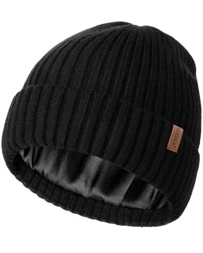 FURTALK Satin Lined Knit Beanie for Men Women Winter Hats Silk Lining Slouchy Warm Cuffed Cap Black | Amazon (US)