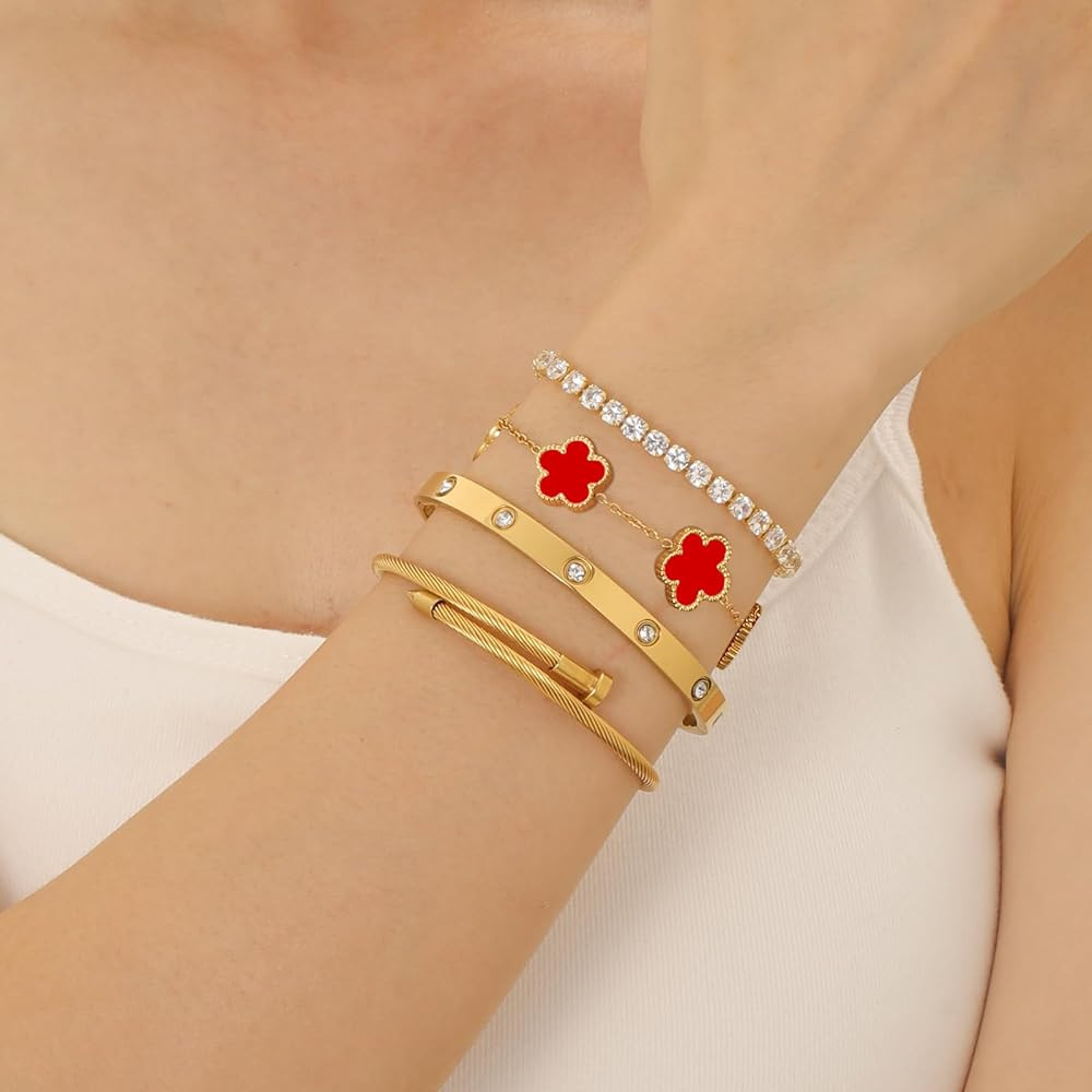 Gold Bracelets for Women, 18K Gold Plated Women Tennis Bracelets Clover Nail Love Bangle Bracelet... | Amazon (US)