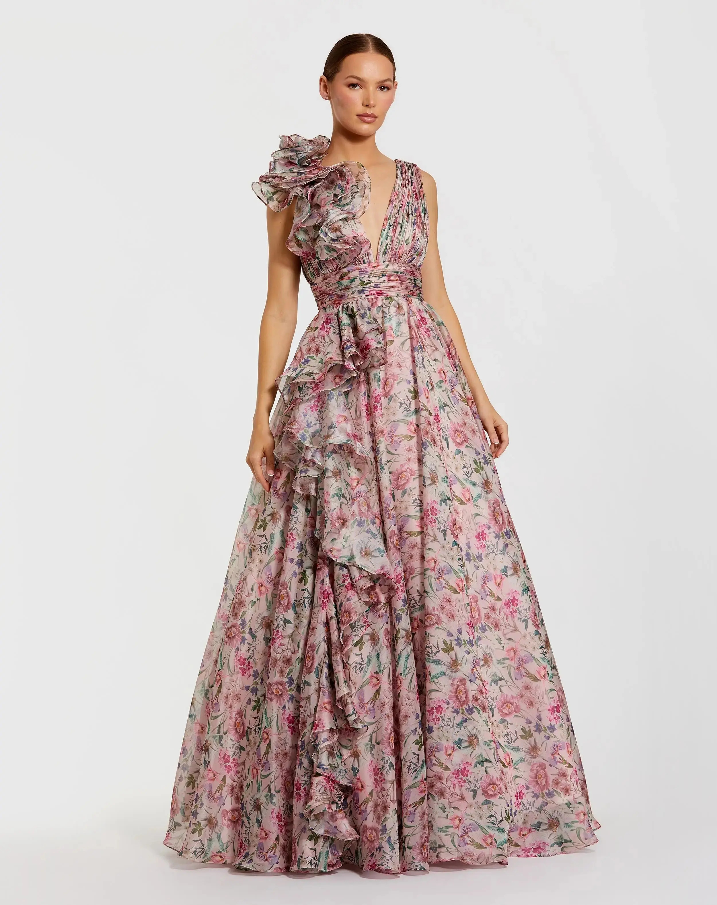 Pink Sleeveless V-Neck Floral Chiffon Ruffle Ball Gown | Mac Duggal