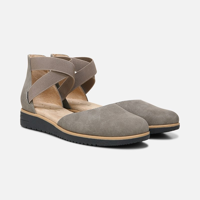 Soul Intro Flat Wedges, Grey Synthetic Nubuck, 9.5W Slip-On, Round Toe, Ankle Strap | Naturalizer