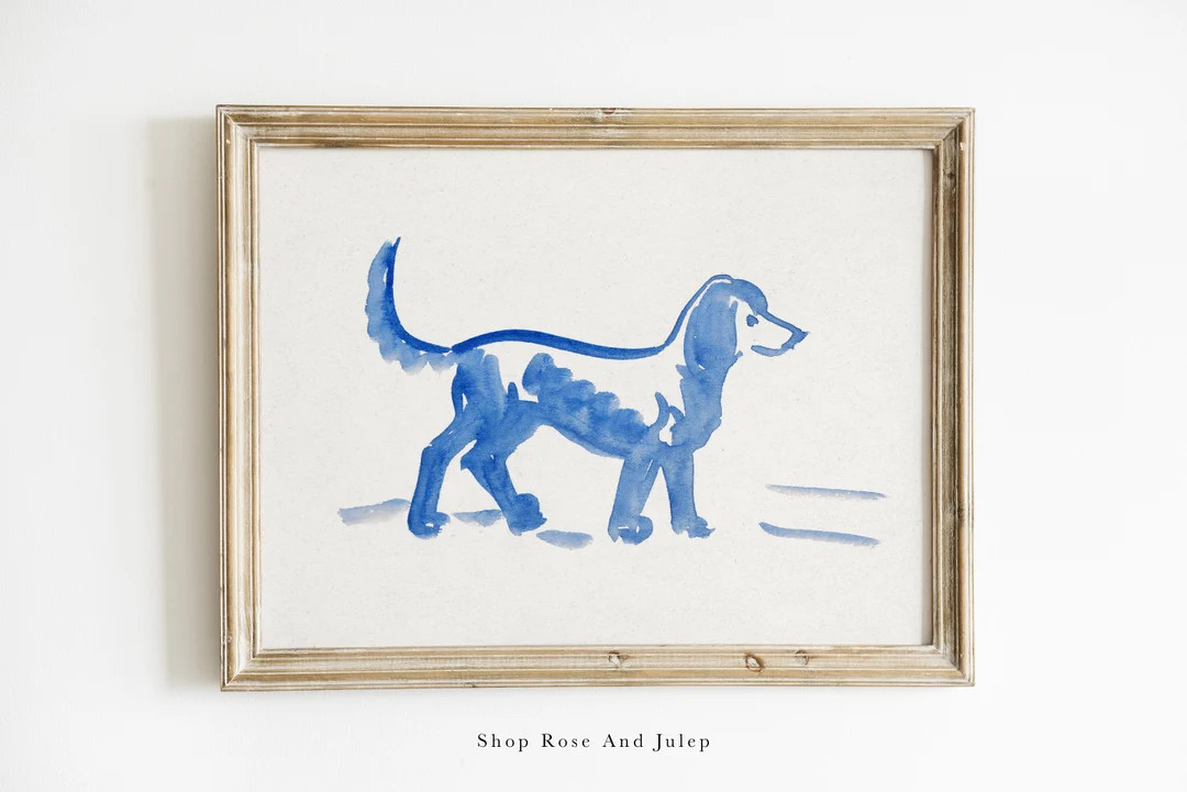 Vintage Blue and White Dog Illustration, Vintage Kid Room, Dog Nursery, Preppy Nursery, Blue and ... | Etsy (US)
