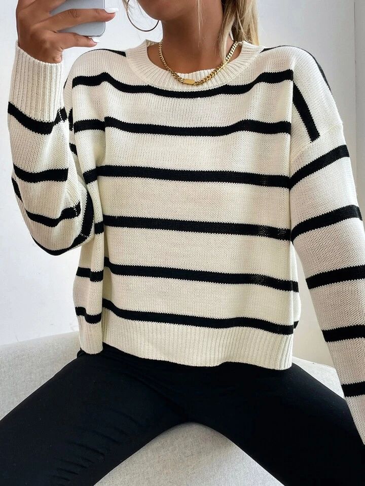 SHEIN EZwear Striped Drop Shoulder Sweater | SHEIN