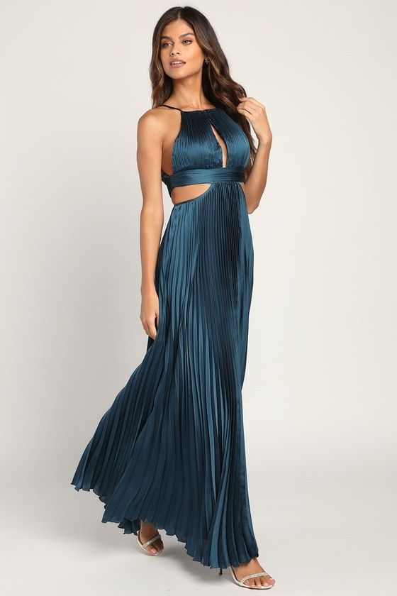 Teal Satin Pleated Halter Maxi Dress | Teal Dress Fall special occasion dress occasion dresses fall | Lulus (US)