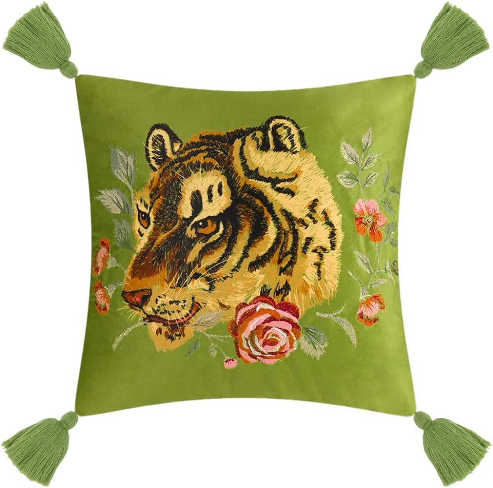 JWH Tiger Velvet Throw Pillow Cover Decorative Colorful Flower Emboidered Accent Pillow Case Prin... | Amazon (US)